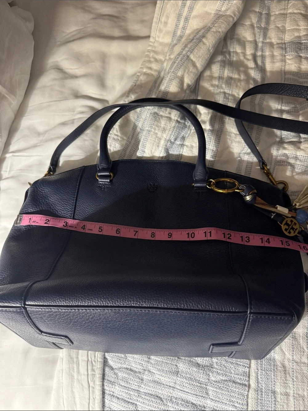 Tory Burch Navy Leather Satchel with Gold Tassel Charm